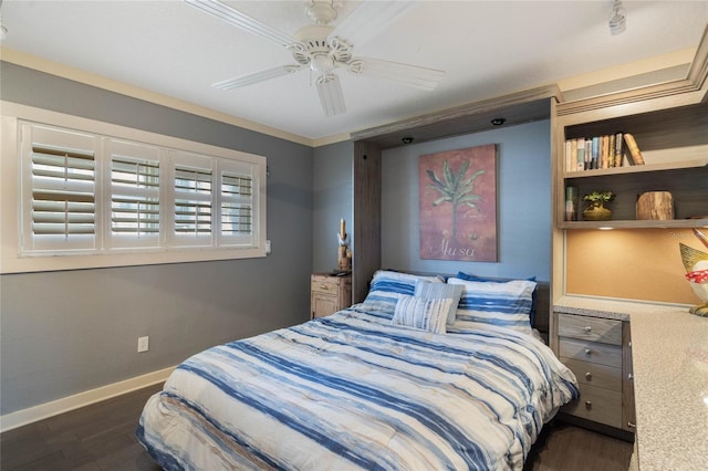 3663 S Atlantic Ave Unit 11D, New Smyrna Beach, FL 32169 - bedroom with dark hardwood / wood-style floors, ceiling fan, and crown molding