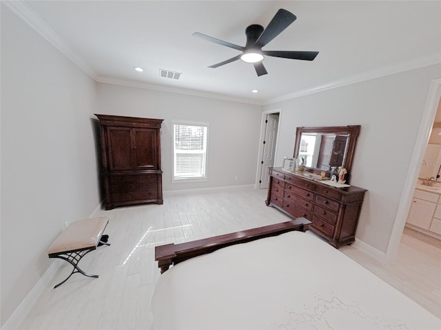 bedroom featuring ensuite bathroom, ceiling fan, and crown molding