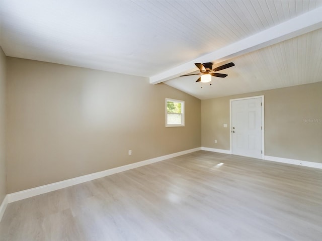 spare room with vaulted ceiling with beams, ceiling fan, and light hardwood / wood-style flooring