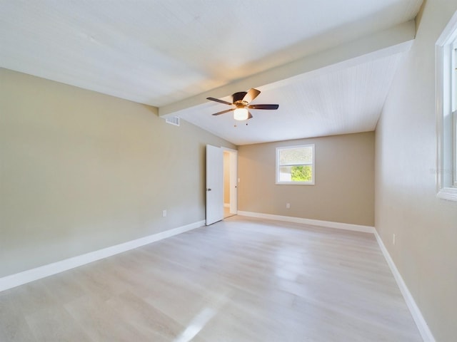 unfurnished room featuring lofted ceiling with beams and ceiling fan