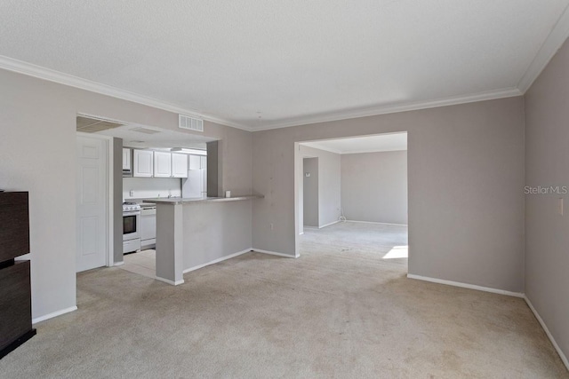 unfurnished living room with crown molding and light colored carpet