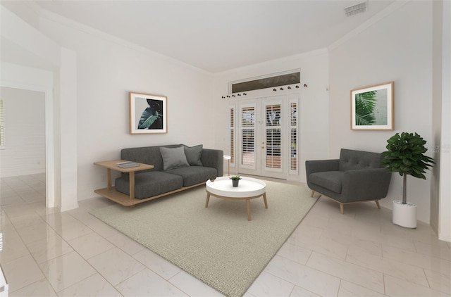 living room featuring crown molding and french doors