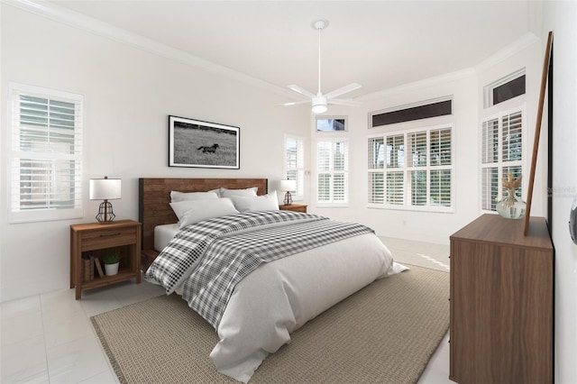 bedroom with ceiling fan, light tile patterned floors, and ornamental molding