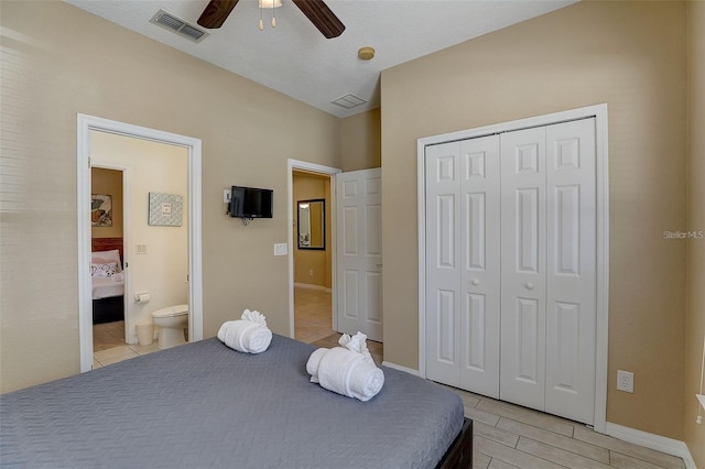 bedroom with connected bathroom, a closet, and ceiling fan