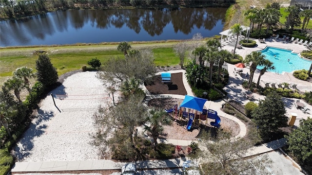 aerial view with a water view