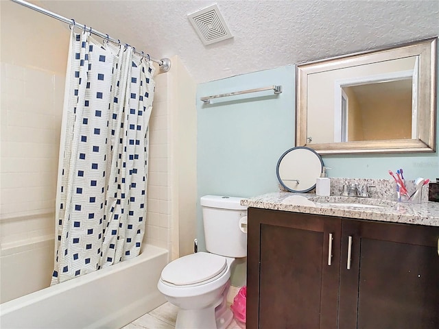 full bathroom with a textured ceiling, toilet, shower / bathtub combination with curtain, and vanity