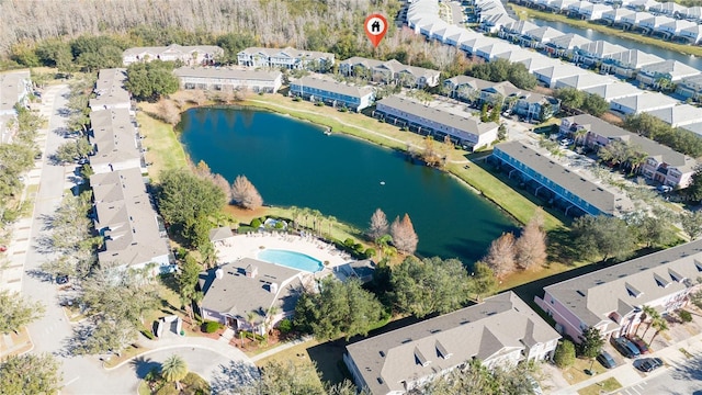 drone / aerial view featuring a water view