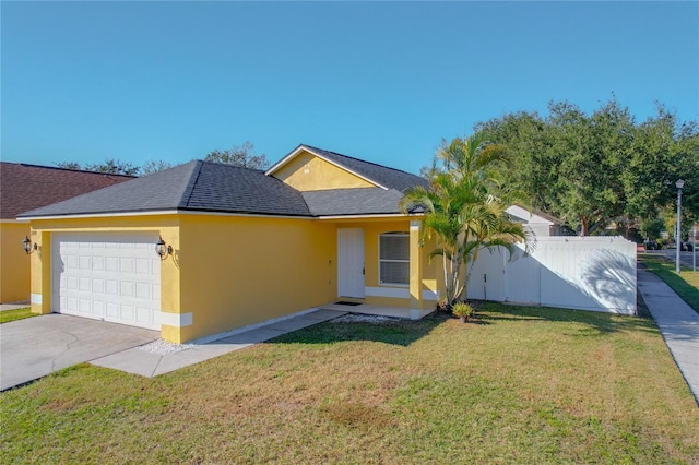 ranch-style house featuring a garage and a front lawn