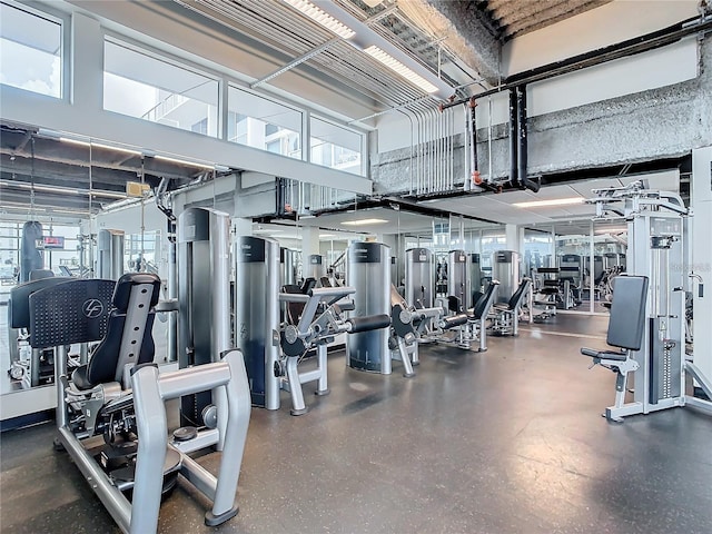 exercise room featuring a high ceiling