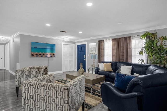 living room featuring ornamental molding and wood-type flooring