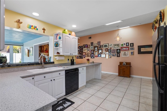 kitchen featuring light tile patterned floors, open shelves, white cabinetry, a sink, and black appliances