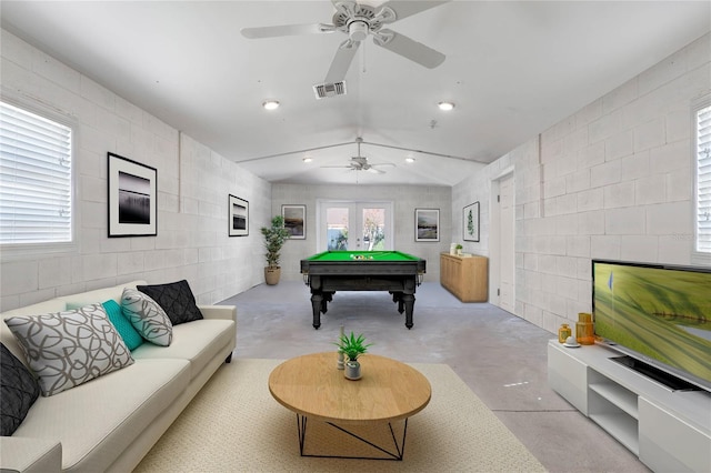 playroom featuring recessed lighting, pool table, concrete floors, visible vents, and vaulted ceiling