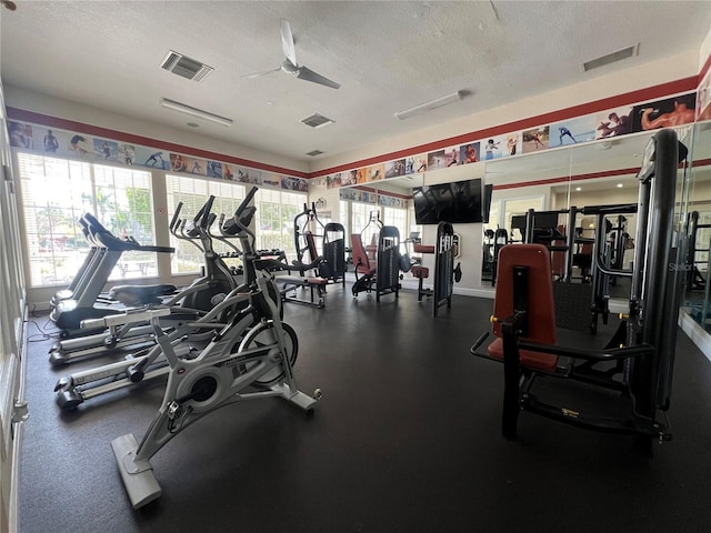 workout area with plenty of natural light, ceiling fan, and a textured ceiling