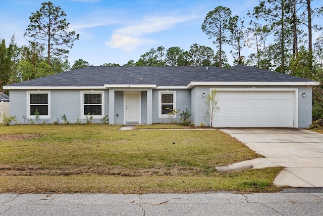 ranch-style house with a garage and a front lawn