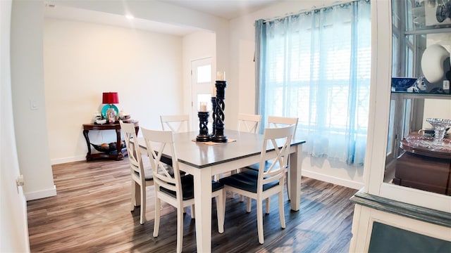 dining space with wood-type flooring