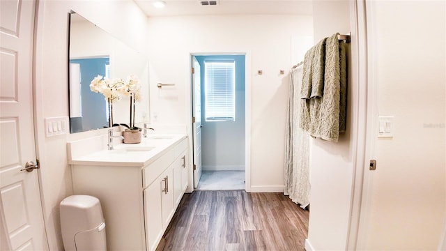 bathroom featuring hardwood / wood-style flooring and vanity