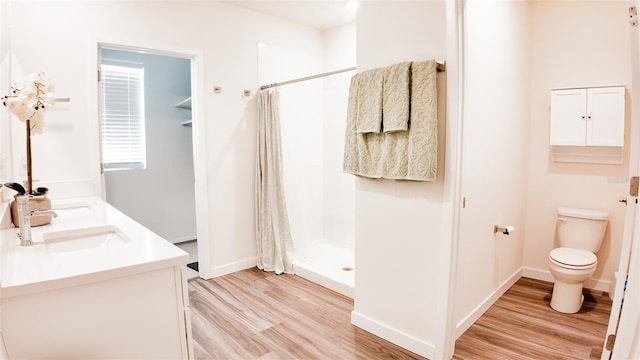 bathroom with vanity, wood-type flooring, curtained shower, and toilet