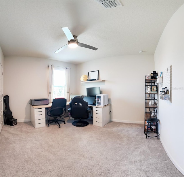 office area with light carpet and ceiling fan