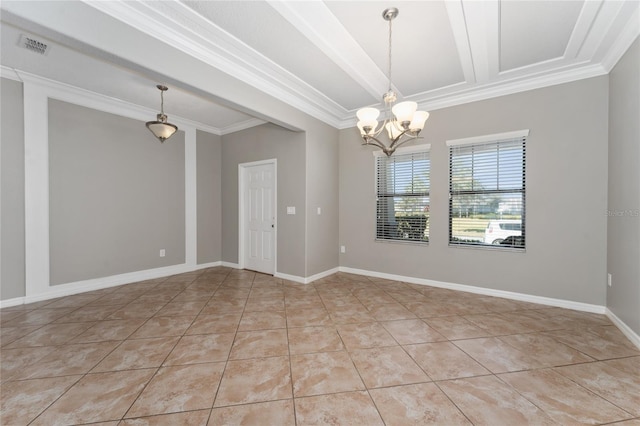 unfurnished room with light tile patterned floors, crown molding, and an inviting chandelier