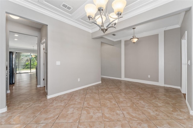 empty room with light tile patterned flooring, coffered ceiling, an inviting chandelier, ornamental molding, and beam ceiling