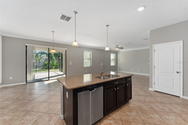 kitchen featuring ceiling fan, a kitchen island with sink, sink, pendant lighting, and dishwasher