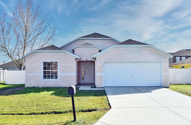 single story home featuring a front lawn and a garage