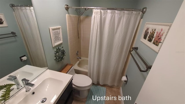 full bathroom featuring toilet, vanity, hardwood / wood-style flooring, and shower / tub combo with curtain