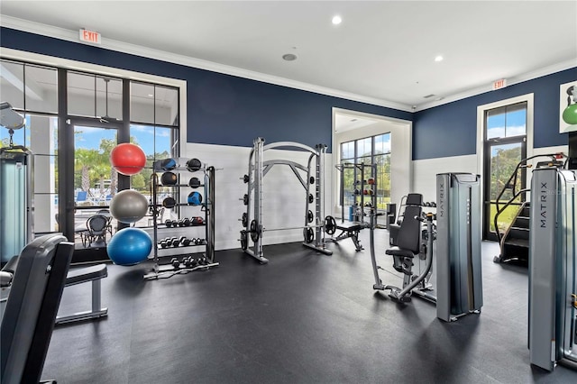 workout area featuring ornamental molding