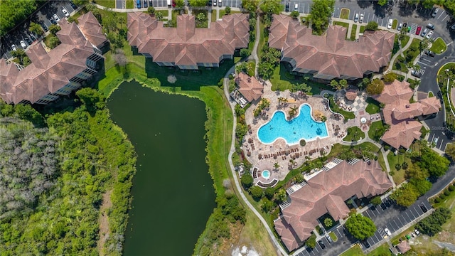 drone / aerial view featuring a water view