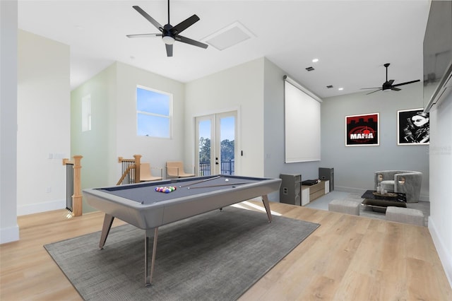 game room with french doors, billiards, ceiling fan, and light hardwood / wood-style flooring