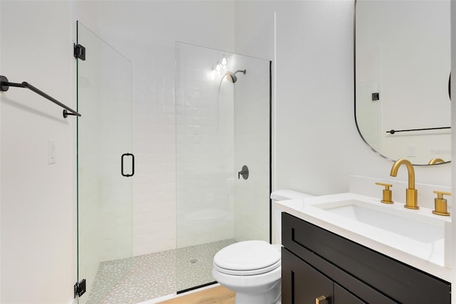 bathroom with a shower with door, vanity, and toilet