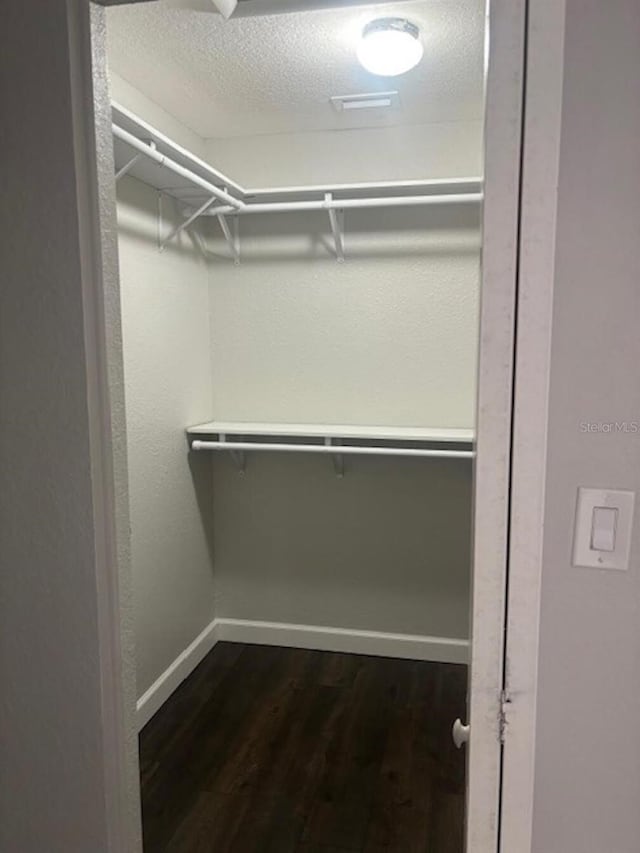 walk in closet with dark hardwood / wood-style floors