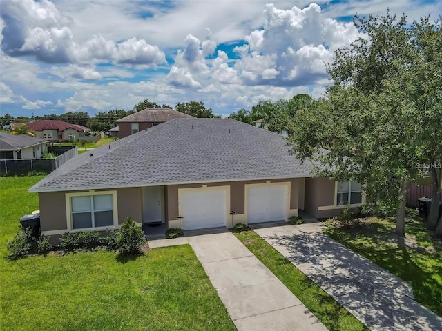 ranch-style home featuring a garage and a front lawn