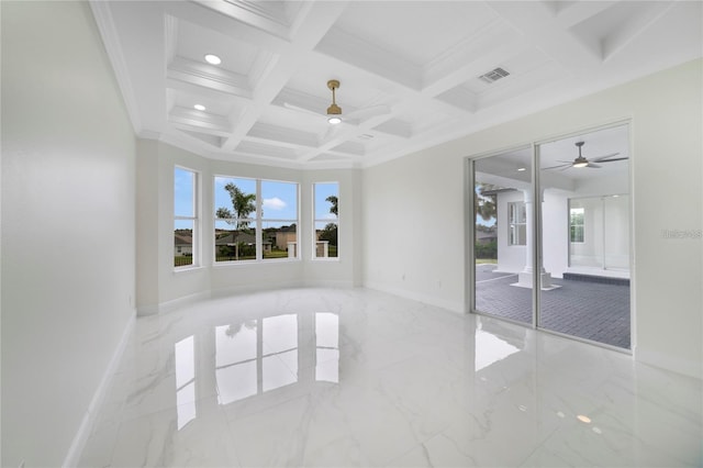 unfurnished room with beamed ceiling, ceiling fan, crown molding, and coffered ceiling