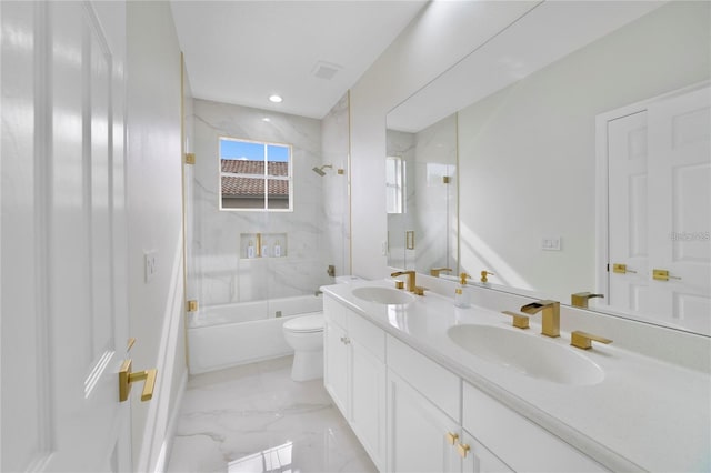 full bathroom featuring vanity, toilet, and enclosed tub / shower combo