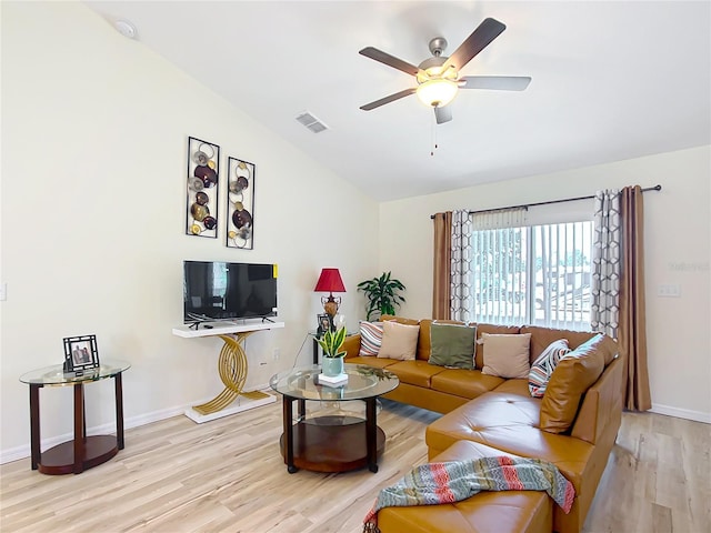 living room featuring light wood-type flooring and ceiling fan