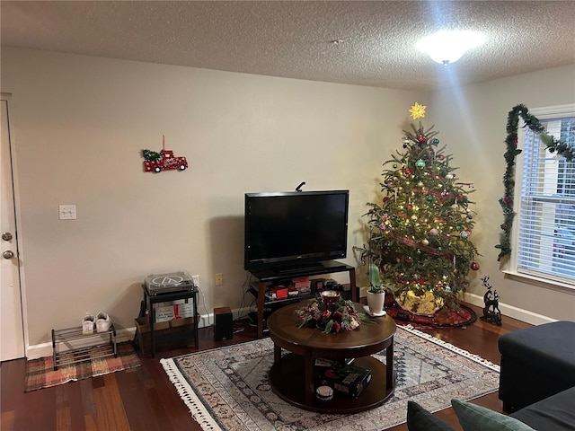 living room featuring a textured ceiling and hardwood / wood-style flooring