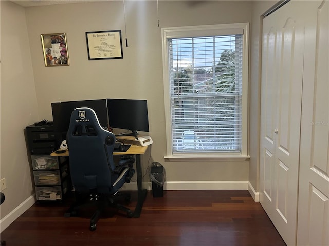 office space with dark hardwood / wood-style flooring