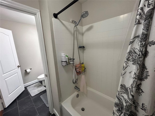 bathroom with toilet, tile patterned floors, and shower / bath combo with shower curtain