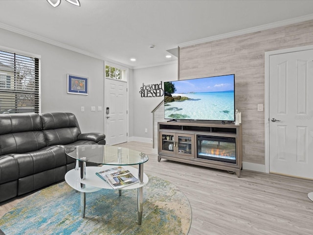 living room featuring light hardwood / wood-style floors, ornamental molding, and a fireplace