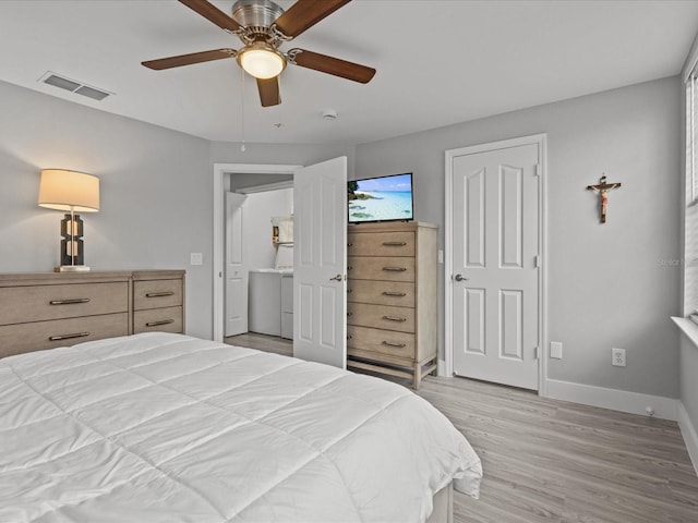 bedroom featuring light hardwood / wood-style flooring and ceiling fan