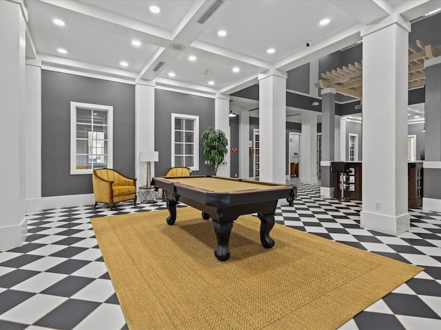 game room featuring coffered ceiling, decorative columns, beamed ceiling, and pool table