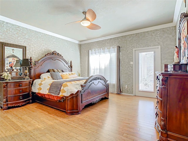 bedroom with ceiling fan, light hardwood / wood-style flooring, and ornamental molding