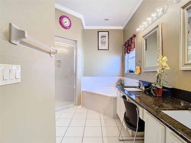 bathroom with vanity, tile patterned floors, crown molding, and plus walk in shower