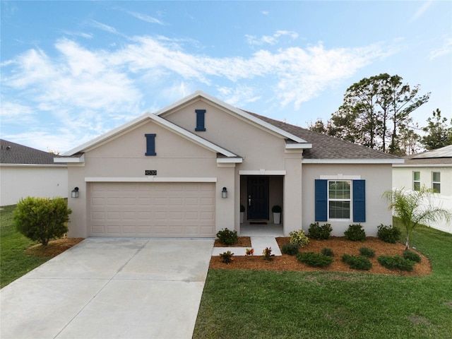 ranch-style house featuring a front lawn and a garage