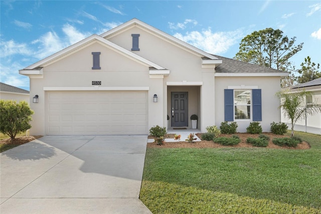 ranch-style house featuring roof with shingles, stucco siding, concrete driveway, an attached garage, and a front yard