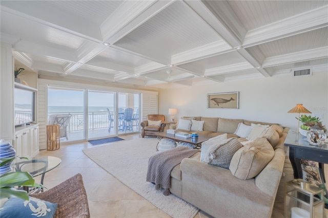 tiled living room with beam ceiling and coffered ceiling