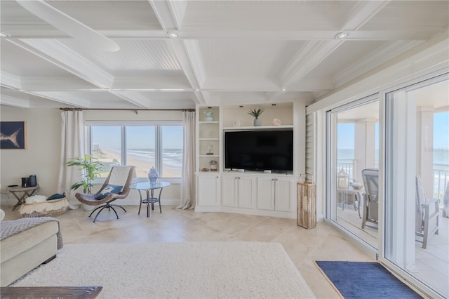 tiled living room with built in features, beam ceiling, crown molding, and coffered ceiling