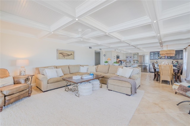 tiled living room with beamed ceiling and coffered ceiling