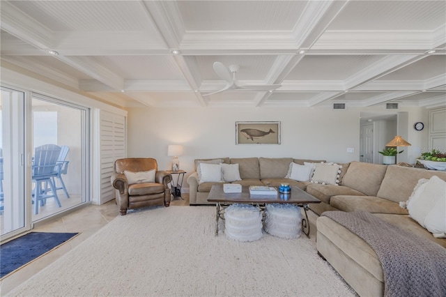 living room with beam ceiling, light tile patterned flooring, and coffered ceiling